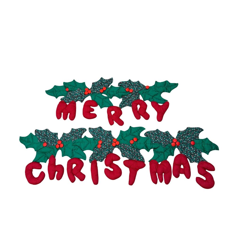 Merry Christmas Stuffed Fabric Garland Holly Ivy Berries 21x37" Cottage Country